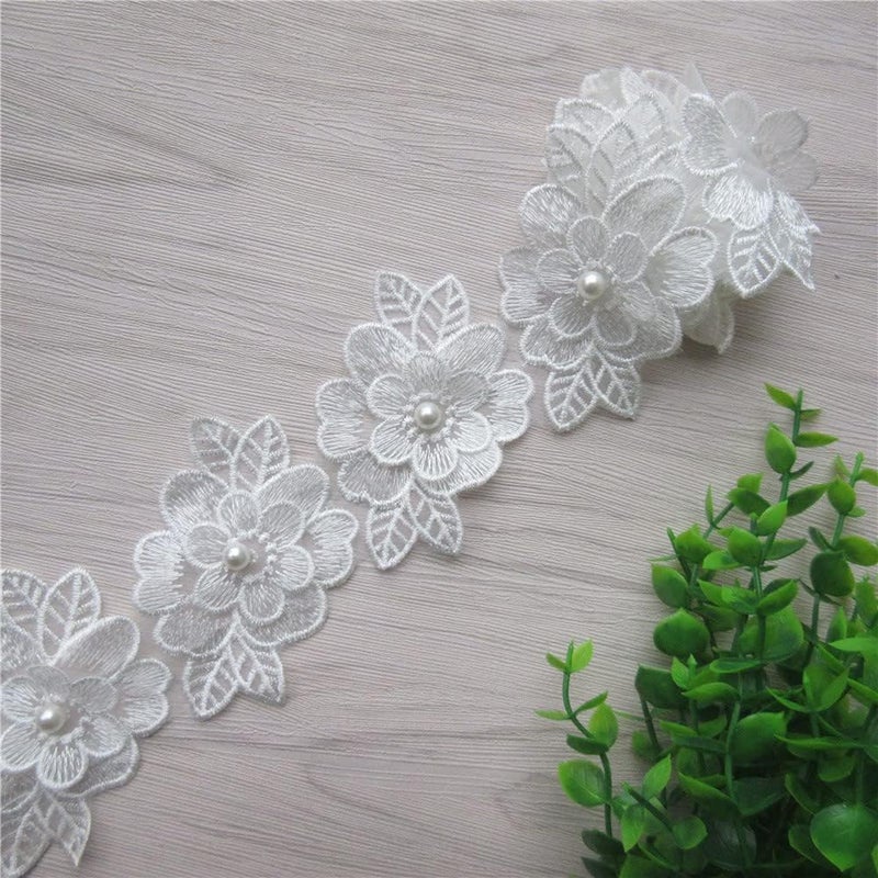 SHBBON 2 Yards 3D Flower Lace Trim Pearl Embroidered Polyester Lace Ribbon Fabric Applique Patchwork for Wedding Dress Handmade DIY Sewing Craft Supplies Decoration (White) - Image 5